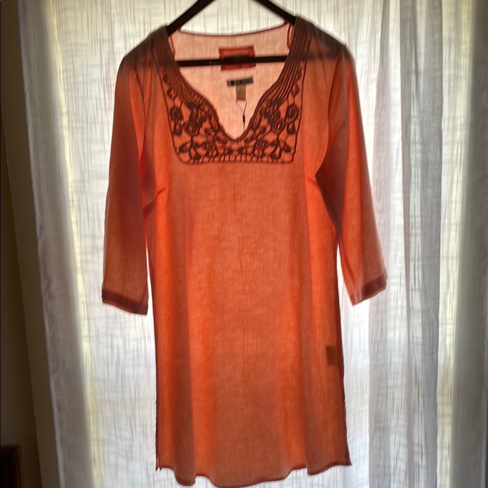 Embroidered peach color linen tunic/ dress